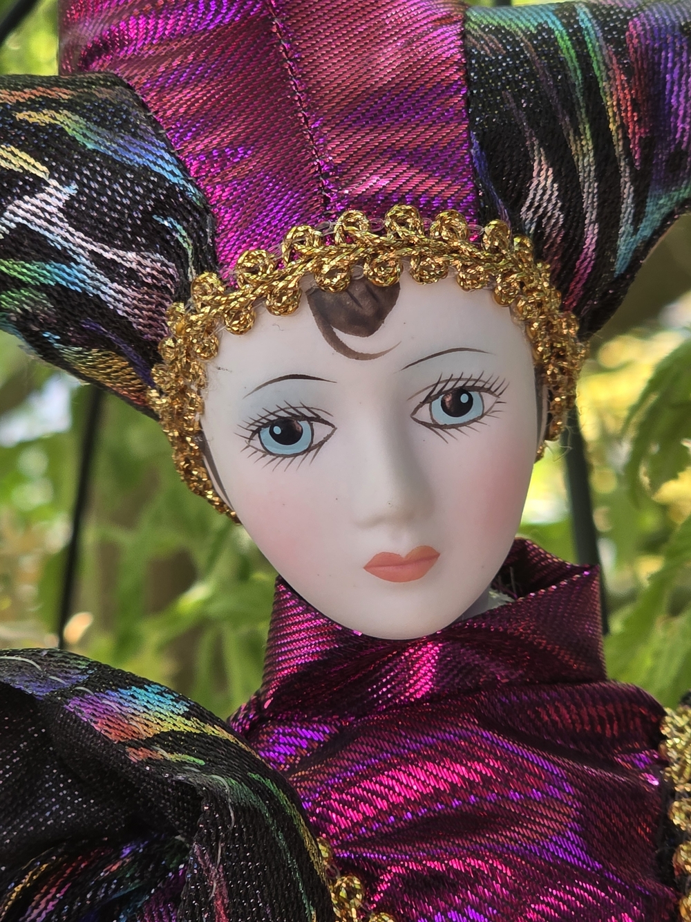 Mardi Gras Jester Doll ~ Iridescent Fuchsia and Multi-Color - Picture 3 of 13